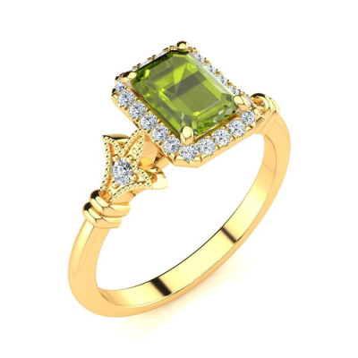 1 1/2 Carat Peridot and Halo Diamond Vintage Ring In 14 Karat Yellow Gold