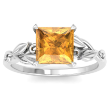 1 1/2 Carat Princess Shape Citrine Ornate Ring In 14K White Gold