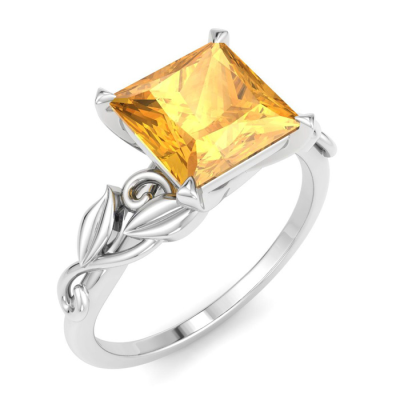 1 1/2 Carat Princess Shape Citrine Ornate Ring In 14K White Gold