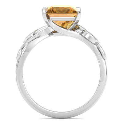 1 1/2 Carat Princess Shape Citrine Ornate Ring In 14K White Gold