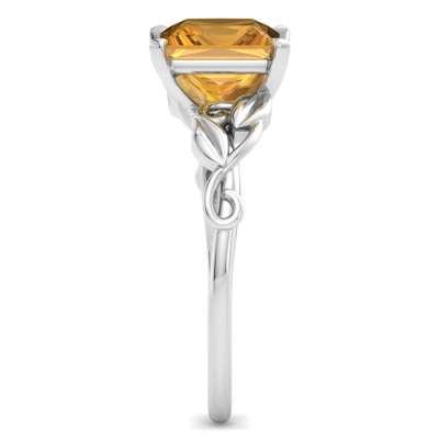 1 1/2 Carat Princess Shape Citrine Ornate Ring In 14K White Gold