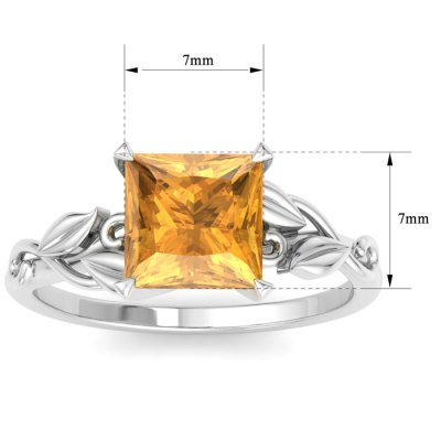 1 1/2 Carat Princess Shape Citrine Ornate Ring In 14K White Gold