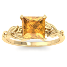 1 1/2 Carat Princess Shape Citrine Ornate Ring In 14K Yellow Gold