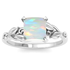 1 1/2 Carat Princess Shape Opal Ornate Ring In 14K White Gold