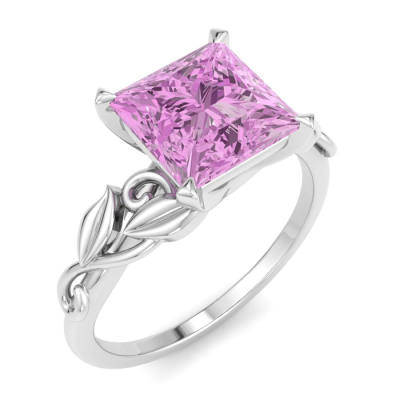 1 1/2 Carat Princess Shape Pink Topaz Ornate Ring In 14K White Gold