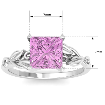 1 1/2 Carat Princess Shape Pink Topaz Ornate Ring In 14K White Gold