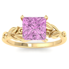 1 1/2 Carat Princess Shape Pink Topaz Ornate Ring In 14K Yellow Gold