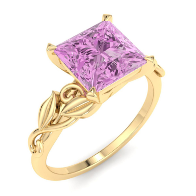1 1/2 Carat Princess Shape Pink Topaz Ornate Ring In 14K Yellow Gold