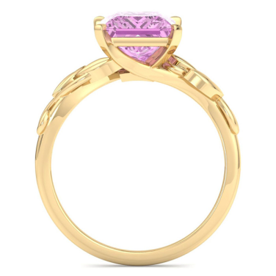 1 1/2 Carat Princess Shape Pink Topaz Ornate Ring In 14K Yellow Gold