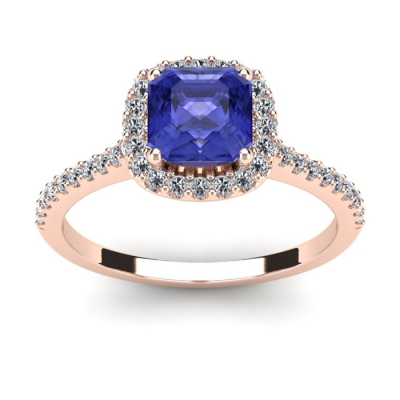 1 1/3 Carat Cushion Cut Tanzanite and Halo Diamond Ring In 14K Rose Gold