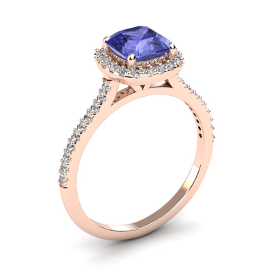 1 1/3 Carat Cushion Cut Tanzanite and Halo Diamond Ring In 14K Rose Gold