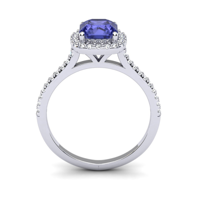 1 1/3 Carat Cushion Cut Tanzanite and Halo Diamond Ring In 14K White Gold