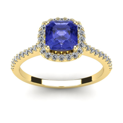 1 1/3 Carat Cushion Cut Tanzanite and Halo Diamond Ring In 14K Yellow Gold