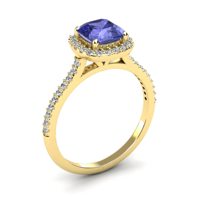 1 1/3 Carat Cushion Cut Tanzanite and Halo Diamond Ring In 14K Yellow Gold