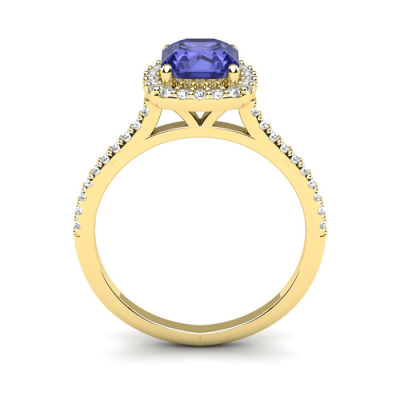 1 1/3 Carat Cushion Cut Tanzanite and Halo Diamond Ring In 14K Yellow Gold