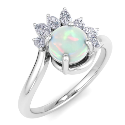 1 1/4 Carat Opal and Marquise Crown Halo Diamond Ring In 14K White Gold