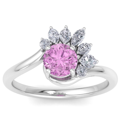 1 1/4 Carat Pink Topaz and Marquise Crown Halo Diamond Ring In 14K White Gold