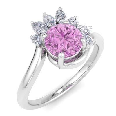 1 1/4 Carat Pink Topaz and Marquise Crown Halo Diamond Ring In 14K White Gold