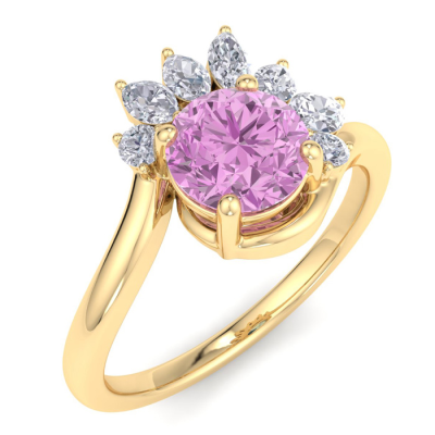 1 1/4 Carat Pink Topaz and Marquise Crown Halo Diamond Ring In 14K Yellow Gold