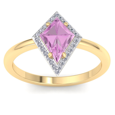 1 3/4 Carat Kite Shape Pink Topaz and Diamond Ring In 14K Yellow Gold