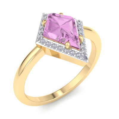 1 3/4 Carat Kite Shape Pink Topaz and Diamond Ring In 14K Yellow Gold