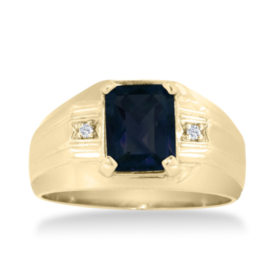 2 1/4ct Created Sapphire and Diamond Men's Ring Crafted In Solid 14K Yellow Gold
