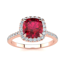 2 Carat Cushion Cut Ruby and Halo Diamond Ring In 14K Rose Gold