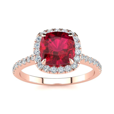 2 Carat Cushion Cut Ruby and Halo Diamond Ring In 14K Rose Gold