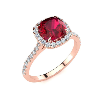 2 Carat Cushion Cut Ruby and Halo Diamond Ring In 14K Rose Gold