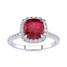 2 Carat Cushion Cut Ruby and Halo Diamond Ring In 14K White Gold