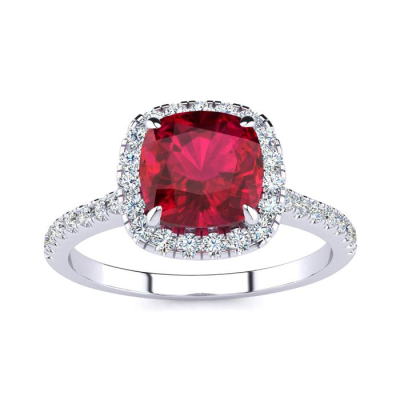 2 Carat Cushion Cut Ruby and Halo Diamond Ring In 14K White Gold