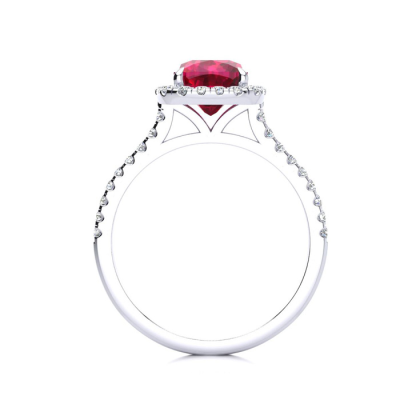 2 Carat Cushion Cut Ruby and Halo Diamond Ring In 14K White Gold