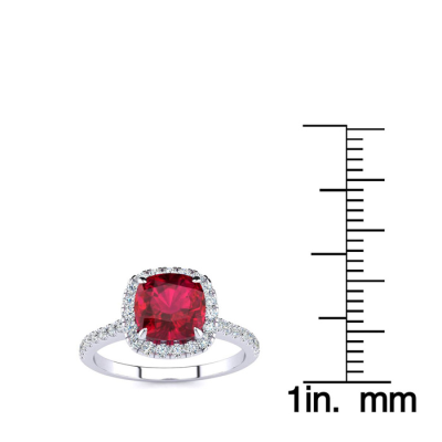 2 Carat Cushion Cut Ruby and Halo Diamond Ring In 14K White Gold