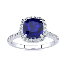 2 Carat Cushion Cut Sapphire and Halo Diamond Ring In 14K White Gold