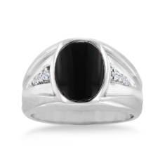 Oval Black Onyx and Diamond Men's Ring Crafted In Solid White Gold