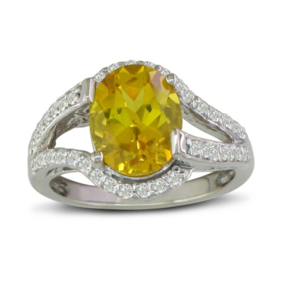Split Band 3ct Oval Cut Lemon Quartz and Diamond Ring, 14k White Gold