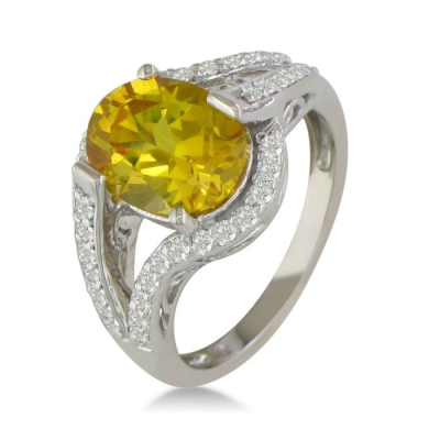 Split Band 3ct Oval Cut Lemon Quartz and Diamond Ring, 14k White Gold