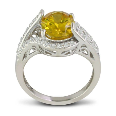 Split Band 3ct Oval Cut Lemon Quartz and Diamond Ring, 14k White Gold